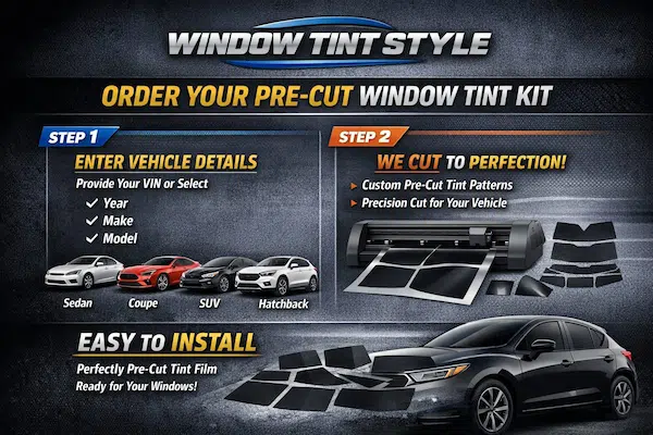 Pre-cut window tint kits showing plotter and vehicle patterns